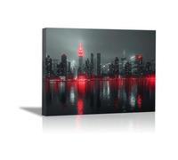 JOSUE Cuadros Blanco Y Negro Salon Ciudad Nocturna Cuadros Habitacion Bebe Lienzo,Rojo, negro Cuadro Decorativos Para Dormitorio Sala-50x70cm Enmarcado