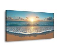 JOSUE Oro, azul Playa Océano Mar Cuadro Moderno Lienzo, Olas al atardecer Pintura Imagen cuadros decoracion salon dormitorios baño Pasillo-60x120cm Enmarcado