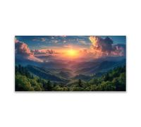JOSUE Verde, oro Cuadros Bosque LáMinas Lienzo, Puesta de sol en la montaña Moderno Arte de Pared Cuadro Salón Decoración del Hogar-60x120cm Sin marco