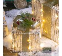 Jotekonoby Juego de 3 cajas de luces navideñas decorativas de felpa con marco de hierro forjado iluminado, cinta plateada y función de temporizador para interiores y exteriores (dorado)