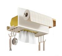 Jotekonoby Soporte para pañuelos de cocina montado en la pared sin taladro con gancho lateral y barra extraíble para almacenar toallas de papel y toallitas húmedas (con ganchos blancos)
