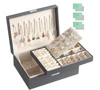 JOTOL Caja Joyero,Joyeros Mujer Organizador,Organizador de joyas,2 Niveles Organizador de Joyería con Cerradura para Mujeres Niñas,para Guardar Joyas Pendientes Anillos y Collares (Gris)