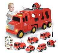 JOTOL Camion Bomberos Juguete,7 en 1 Camiones de Juguete para Niños de 2-6 Años,Camion Transportador de Coches con Luces y Sonidos,Coche de Juguete de Fricción con 2 Pegatinas,Regalo para Niños