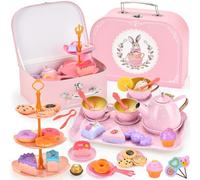 JOTOL Juego de Té Infantil,46 PCS Juego de té Juguete con Postre Juguete,Estuche de Transporte y Puesto de Postres,Accesorios Cocina Juguete,Fiestas del Té Juegos de Simulación para Niñas 3-8 Años