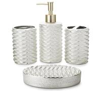 JOTOM Juego de 4 accesorios de baño de cerámica de lujo modernos accesorios de baño para dispensador de baño, soporte para cepillo de dientes, vaso de enjuague bucal, jabonera, gris plateado