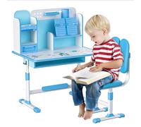 joukares Juego de mesa y silla infantil, cueva ajustable, escritorio escolar y silla, ergonómico Escritorio para Niña con soporte, azul sentado