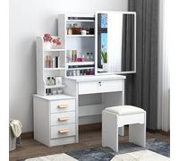 joukares Tocador con espejo y taburete, mesa de tocador con luces LED espejo (3 modos de color), escritorio de maquillaje con cajones y estantes de almacenamiento, mesa pequeña de maquillaje para