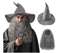Joukavor Sombrero de mago para adultos, barba y peluca de Gandalf para Halloween, cosplay (gris)