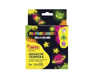 Jovi - Pack 4 botes de 35ml témpera fosforescente, brilla en la oscuridad | Témpera líquida escolar, Base agua, no tóxica, fácil de aplicar, Para manualidades y pintura infantil, sin gluten, lavable