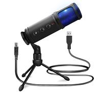 Jovial Pyle - Micrófono Condensador de grabación USB para PC, micrófono Condensador de Audio Profesional portátil, LED Azul, Ganancia Ajustable, Conector de Auriculares, Control de Silencio, Soporte