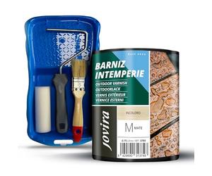 JOVIRA PINTURAS Barniz Intemperie al agua, Mate y Kit con Minicubeta, Rodillo de Espuma, Varilla y Paletina. (750 Millilitros, Mate + Kit Barniz)