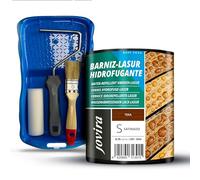 JOVIRA PINTURAS Barniz-Lasur Hidrofugante Protector Satinado al Agua y Kit con Minicubeta, Rodillo de Espuma, Varilla y Paletina. (750 Mililitros, Teka + Kit Barniz-Lasur) E-32-K