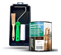 JOVIRA PINTURAS BARNIZ-LASUR Protector Mate al Agua y Kit con Minicubeta, Rodillo de Espuma, Varilla y Paletina. (750 Mililitros, Castaño + Kit Barniz-Lasur) F-22-K