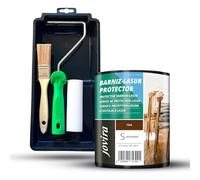 JOVIRA PINTURAS BARNIZ-LASUR Protector Satinado al Agua y Kit con Minicubeta, Rodillo de Espuma, Varilla y Paletina. (750 Mililitros, Teka + Kit Barniz-Lasur) E-8-K