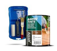JOVIRA PINTURAS Barniz Tinte Brillante al agua y Minicubeta, Rodillo Espuma, Varilla y Paletina. (750 Mililitros, Caoba + Minikit Barniz Tinte) E-44-K