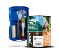 JOVIRA PINTURAS Barniz Tinte Brillante al agua y Minicubeta, Rodillo Espuma, Varilla y Paletina. (750 Mililitros, Nogal + Minikit Barniz Tinte)