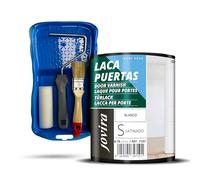 JOVIRA PINTURAS Esmalte Laca Puertas al Agua 750ML Satinado y Kit con Minicubeta, Rodillo de Espuma, Varilla y Paletina. (750 Mililitros, Blanco + Kit Laca Puertas) -T