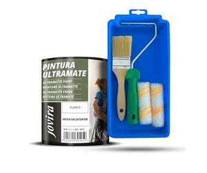JOVIRA PINTURAS Pintura Ultramate Exterior/Interior blanco + Minicubeta, 2 Mini Rodillos Antigota, Varilla y Paletina (750 Mililitros, Pintura + Minikit Paredes) F-18-K