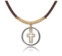 Jovivi Collar de cruz para hombre, joyería de acero inoxidable, colgante de cruz de círculo eterno, collar de cordón para niños y hombres, collares de playa para surfistas, regalos cristianos
