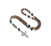 Jovivi Rosario católico con ojo de tigre, collar de obsidiana con cruz de hematita, cadena de oración de piedras preciosas, joyas para hombre y mujer, talla única, Gema, JOVIAKDE93
