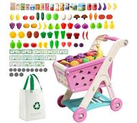 JOVOW Carro Compra Juguetes Infantil, 98 Piezas de Conjunto de Carrito de Compras para Niños con Bolsa de Compras, Conjunto de Juguetes de Cocina y Tienda para Niños y Niñas de 3 Años en Adelante