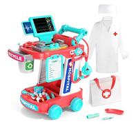 JOVOW Kit de Médico para Niños, Conjunto de Juego de Médico Falso con Carrito, Disfraz y Estetoscopio, Juguete Médico de Role-Play para Niñas y Niños de 3 4 5 6 7 8 9 Años, Regalos de Cumpleaños