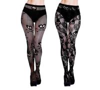 JOVYTH 2 Pares Medias de Rejilla Mujer Negras, Pantys Góticos con Calaveras y Encaje Floral, Cintura Alta para Halloween Carnaval Festival Fiesta