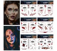 Joxessaien 6 hojas de tatuajes faciales de Halloween, pegatinas temporales con lágrimas de sangre, ojos, araña, cicatrices, alas de diablo para mujeres, hombres, niños, maquillaje de Halloween para