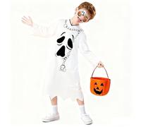Joxessaien Disfraz de fantasma de Halloween para niños, bata de fantasma, color blanco con capucha, para niños y niñas, Halloween, capa de fantasmas, para fiesta, cosplay, disfraz con cubo de calabaza