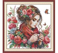 Joy Sunday Kit de Bordadode Cruz 11CT Con Diseño Estampado - Patrones Coloridos, Hilos y Agujas Incluidas - Proyectos Rápidos y Divertidos-Una Niña Con Flores 51X 51Cm