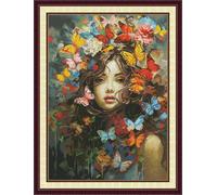 Joy Sunday Kit de Bordadode Cruz 11CT Con Diseño Estampado - Patrones Coloridos, Hilos y Agujas Incluidas - Proyectos Rápidos y Divertidos-Belleza De Mariposa De 52X 68Cm