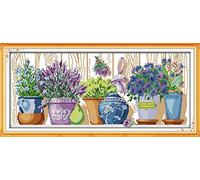Joy Sunday Kit de Bordadode Cruz 11CT Con Diseño Estampado - Patrones Coloridos, Hilos y Agujas Incluidas - Proyectos Rápidos y Divertidos-Las Macetas En El Alféizar De La Ventana 72Cm X 35Cm
