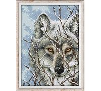 Joy Sunday Kit de Bordadode Cruz 11CT Con Diseño Estampado - Patrones Coloridos, Hilos y Agujas Incluidas - Proyectos Rápidos y Divertidos-Lobo De Nieve 27 X 39Cm