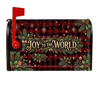 Joy to the World Christmas Pine Branches - Fundas magnéticas para buzón | Buffalo Plaid, cubierta para buzón, tipografía dorada, bayas de acebo, copos de nieve de invierno, estilo granja