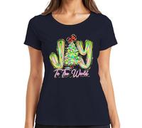 Joy to The World Christmas Tree Neon Glitter Festive Gift Holiday - Camiseta para mujer, azul marino, S