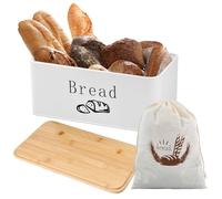 Joyan Panera Metálica con Tapa de Bambú y Bolsa de Algodón - Caja de Pan de Diseño Moderno con Ventilación para Mayor Frescura - Paneras para Guardar el Pan y Bollería en la Cocina