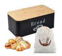 Joyan Panera Metálica con Tapa de Bambú y Bolsa de Algodón - Caja de Pan de Diseño Moderno con Ventilación para Mayor Frescura - Paneras para Guardar el Pan y Bollería en la Cocina