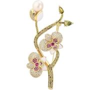 Joyas de broche para mujer, 14K Gold Elegant Plum Blossom Moissanite Brooch, Floral Plant Freshwater Pearl Pin