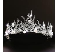 Joyas de cabello Tiaras de corona para mujeres Corona de bodas luminosas para mujeres Tiaras y coronas de la reina nupcial LED Pearl Bride Headselepiece Princess Crown for Girl Birthday (Color: White