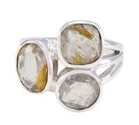 joyas plata anillo de cuarzo rutilo facetado de tres piedras preciosas de múltiples formas - anillo de cuarzo rutilo amarillo de plata 925 - nacimiento de agosto leo