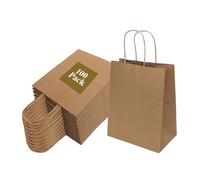 Joybe - Paquete de 100 bolsas de papel marrón medio de 8 x 4.75 x 10 pulgadas con asas a granel, bolsas de regalo de papel kraft a granel para fiestas de cumpleaños, comestibles, compras, negocios,