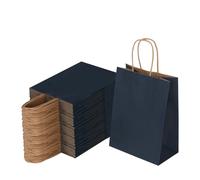 Joybe Paquete de 100 bolsas pequeñas de papel azul marino de 6 x 3.25 x 8 pulgadas con asas a granel, bolsas de regalo de papel kraft para regalos de fiesta de cumpleaños, comestibles, compras
