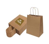 Joybe Paquete de 50 bolsas de papel marrón medio de 8 x 4.75 x 10 pulgadas con asas a granel, bolsas de regalo de papel kraft a granel para regalos de fiesta de cumpleaños, comestibles, compras,