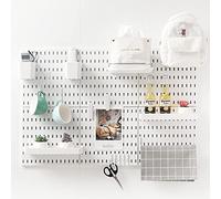 JoyBHole Kit de combinación de tablero perforado con estante y ganchos, sin perforaciones, para garaje, cocina, sala de estar, baño, oficina, organizador de pared (blanco, 33 x 22 pulgadas)