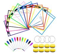JOYBOY 12 Bolsillos de Borrado en Seco,Escribir y Limpiar Bolsillos,Resuable Dry Erase Pockets Papelería Suministros,8 Bolígrafos De Borrado,4Pz Llavero,para Oficina y Materiales de Enseñanza