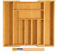 JOYBOY Caja de cubiertos de bambú,Organizador de Cubiertos de Madera+1 cepillo de limpieza,Bandeja para cubiertos con 7 a 9 Compartimentos,Cubertero Ajustable 32-52 * 41 * 5cm