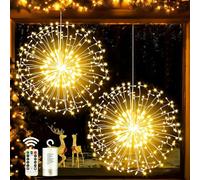Joycome 2 luces de fuegos artificiales de 198 luces LED de alambre de cobre Starburst 8 modos funciona con pilas con control remoto, resistente al agua para árbol de Navidad decoración Blanco Cálido