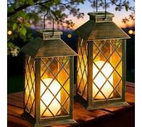Joycome Farolillos Solares Exterior 2 Piezas Lampara Solar Exterior Jardin con Vela Parpadeante, Impermeable Decoración Terraza, Farol Solar para Jardin Mesa Terraza Valla Tumba y Regalos - Bronce