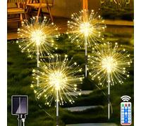 Joycome - Lámpara solar para exterior, jardín, 4 x 120 LED, fuegos artificiales solar con mando a distancia, 8 modos impermeable, iluminación exterior, solar de diente de león, para jardín, césped,