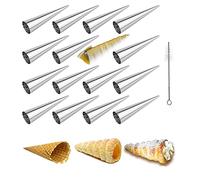 Joyeee 16 moldes de cuerno de crema con cepillo de limpieza, rodillo de cono de acero inoxidable, molde para hornear cáscara de cannoli para regalos de fiesta de cumpleaños, 5 pulgadas